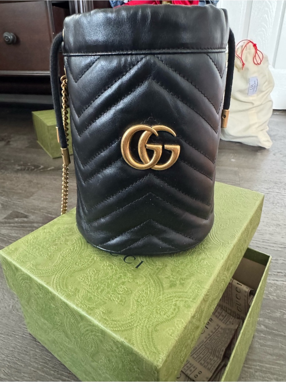 Gucci Black Quilted Mini Cylinder Bag with Gold GG
